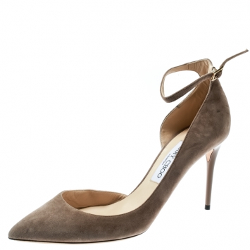 Pre Owned Jimmy Choo Beige Suede Lucy Ankle Strap Pointed Toe D'orsay Pumps Size 40