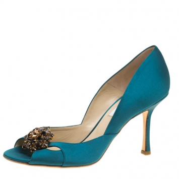 Pre Owned Jimmy Choo Turquoise Blue Satin Crystal Embellished Cut Out Peep Toe Sandals Size 39.5