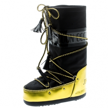 Pre Owned Jimmy Choo Black Fabric And Acid Yellow Mirror Leather MB Classic Snow Boots Size 38