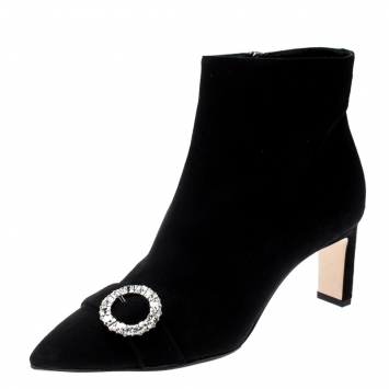 Pre Owned Jimmy Choo Black Suede Hanover 65 Embellished Pointed Toe Ankle Boots 38