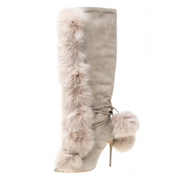Pre Owned Jimmy Choo Beige Suede And Fox Fur Deeta 110 Knee Length Boots Size 36.5
