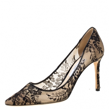 Pre Owned Jimmy Choo Black Lace and Patent Leather Abel Pointed Toe Pumps Size 40