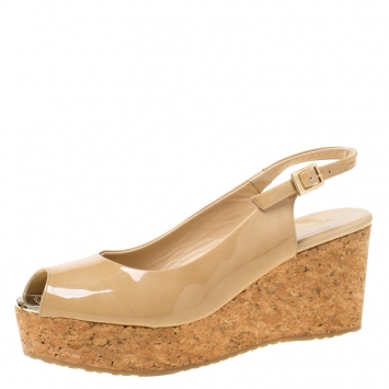 Pre Owned Jimmy Choo Cream Patent Leather Praise Sling Back Wedge Sandals Size 38