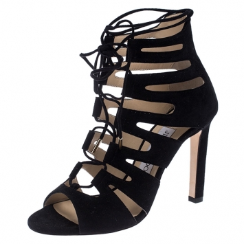 Pre Owned Jimmy Choo Black Suede Hitch Cut Out Ankle Wrap Sandals Size 36