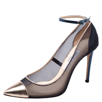 Pre Owned Jimmy Choo Black/Gold Mesh and Patent Leather Tower Ankle Strap Pumps Size 38