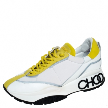 Pre Owned Jimmy Choo White/Yellow Leather And Neoprene Raine Sneakers Size 39