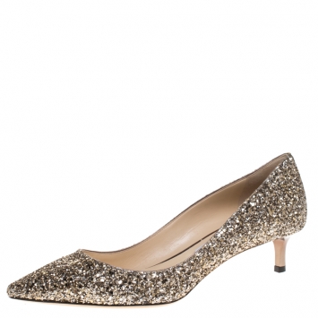 Pre Owned Jimmy Choo Gold Glitter Aza Kitten Heel Pumps Size 39