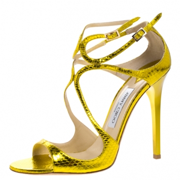 Pre Owned Jimmy Choo Metallic Yellow Python Embossed Leather Criss Cross Strap Sandals Size 40