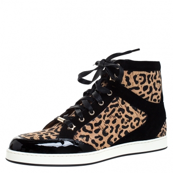 Pre Owned Jimmy Choo Black/Brown Suede Leather And Cork Tokyo High Top Sneakers Size 39.5