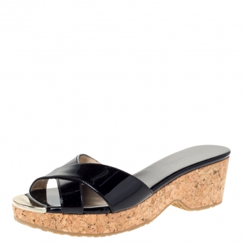 Pre Owned Jimmy Choo Black Patent Leather Panna Cork Mules Size 38