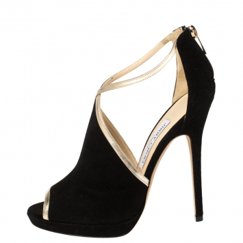 Pre Owned Jimmy Choo Black Suede and Gold Leather Trim Fey Back Zip Pumps Size 38