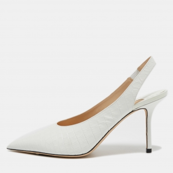 Pre Owned Jimmy Choo White Croc Embossed Leather Slingback Pumps Size 37   
