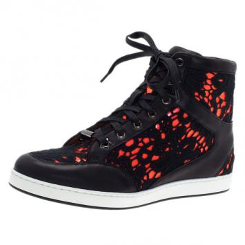 Pre Owned Jimmy Choo Neon Leather and Lace Tokyo High Top Sneakers Size 37