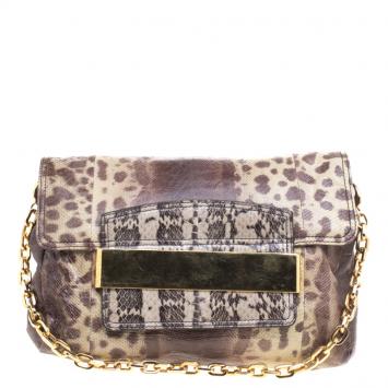 Pre Owned Jimmy Choo Beige/Brown Lizard and Python Carolina Shoulder Bag