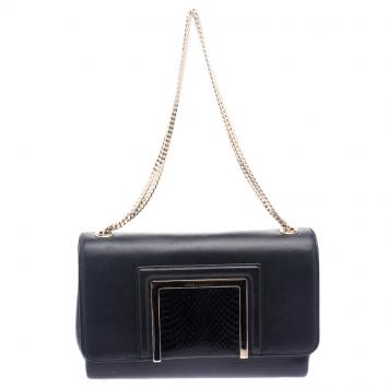 Pre Owned Jimmy Choo Black Leather and Snakeskin Trim Alba Shoulder Bag