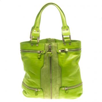 Pre Owned Jimmy Choo Neon Green Leather and Suede Mona Tote