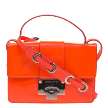 Pre Owned Jimmy Choo Neon Orange Patent Leather Rebel Crossbody Bag