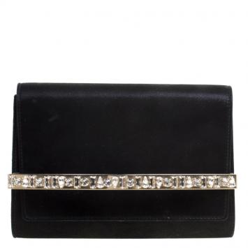 Pre Owned Jimmy Choo Black Shimmering Leather Crystal Embellished Clutch