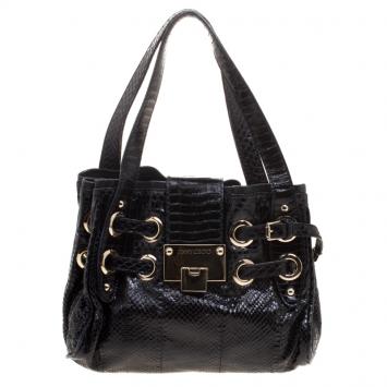 Pre Owned Jimmy Choo Black Python Embossed Leather Mini Riki Tote