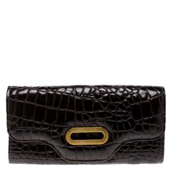 مملوكة مسبقًا Jimmy Choo Dark Brown Croc Embossed Glossy Leather Flap Wallet