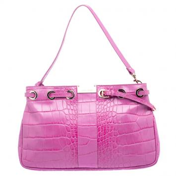 Pre Owned Jimmy Choo Pink Croc Embossed Leather Shoulder Bag