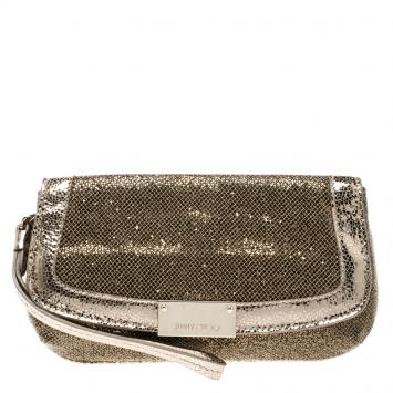 Pre Owned Jimmy Choo Bronze Glitter and Leather Zeta Clutch