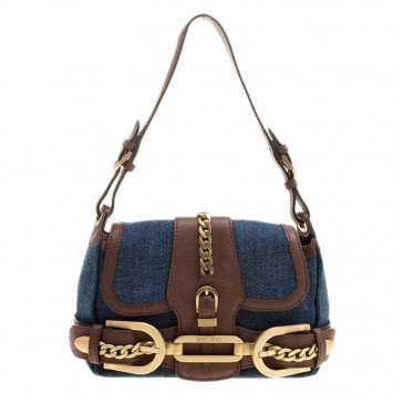Pre Owned Jimmy Choo Blue/Brown Denim and Leather Shoulder Bag