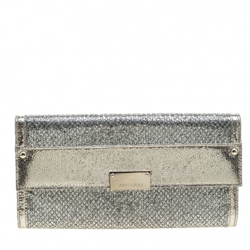 Pre Owned Jimmy Choo Gold Metallic Leather and Glitter Reese Continental Clutch