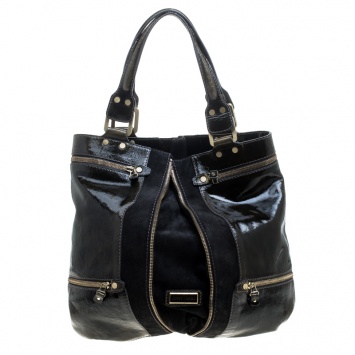Pre Owned Jimmy Choo Khaki/Black Patent Leather and Suede Large Mona Tote