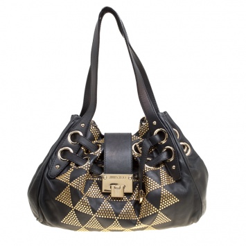 Pre Owned Jimmy Choo Black Leather Pyramid Studded Ramona Shoulder Bag