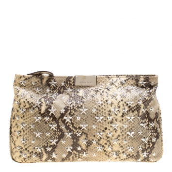 Pre Owned Jimmy Choo Beige Python Embossed Leather Star Studded Zulu Clutch