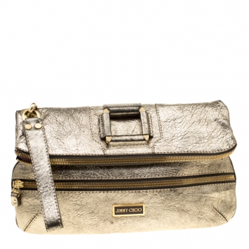 Pre Owned Jimmy Choo Gold Leather Large Mave Foldover Clutch