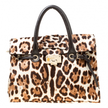 Pre Owned Jimmy Choo Dark Brown Leopard Print Calf Hair Rosalie Top Handle