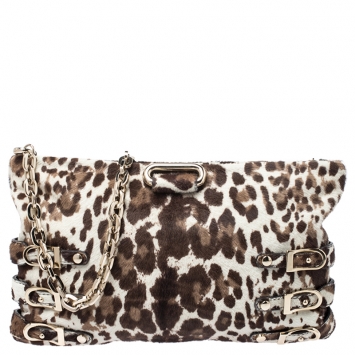 Pre Owned Jimmy Choo Brown/White Leopard Print Calfhair Chain Clutch 
