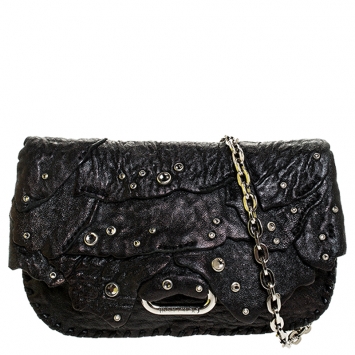 Pre Owned Jimmy Choo Black Jewel Embellished Leather Flap Chain Shoulder Bag