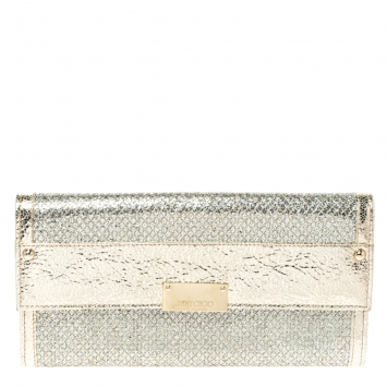 Pre Owned Jimmy Choo Metallic Gold Leather and Glitter Reese Flap Clutch