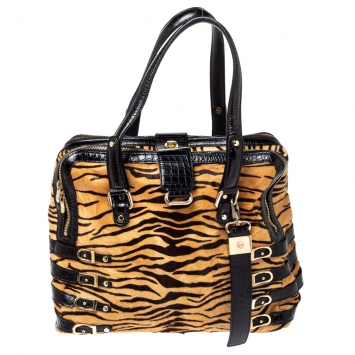 Pre Owned Jimmy Choo Brown/Black Leopard Print Calfhair and Croc Embossed Leather Blythe M Bag