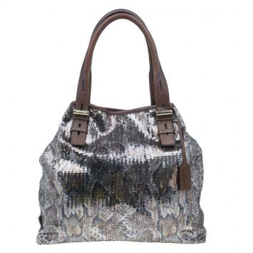 Pre Owned Jimmy Choo Brown Python Print Leather/Sequin Bea Tote Bag