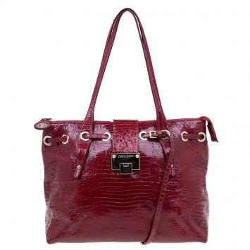 Pre Owned Jimmy Choo Red Lizard Embossed Patent Leather Rhea Shopper Tote