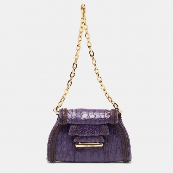 Pre Owned Jimmy Choo Purple Crocodile Flap Chain Clutch 