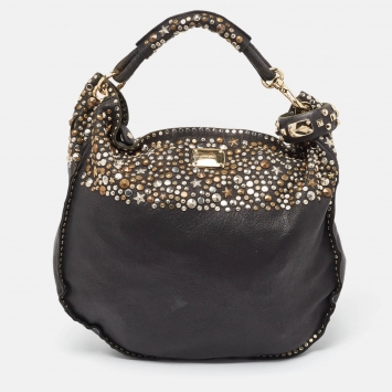 Pre Owned Jimmy Choo Black Leather Studded Sky Bangle Hobo