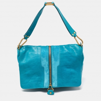 Pre Owned Jimmy Choo Turquoise Blue Leather and Suede Expandable Shoulder Bag