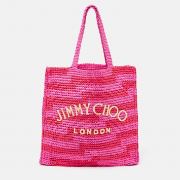 Pre Owned Jimmy Choo Pink/Red Woven Straw Beach Tote 