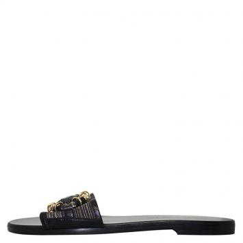 Pre Owned Jimmy Choo Black Jeweled Leather Flat Slides Size 36.5