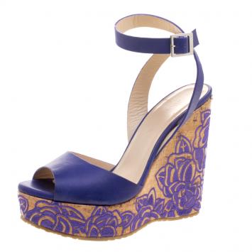Pre Owned Jimmy Choo Purple Leather Patara Embroidered Cork Wedges Size 37