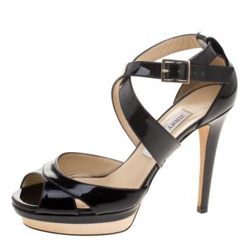 Pre Owned Jimmy Choo Black Patent Leather Kuki Platform Sandals Size 38