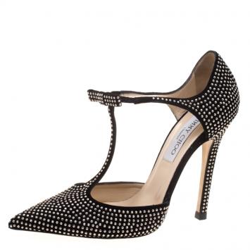 Pre Owned Jimmy Choo Black Studded Suede Talan T Strap Pointed Toe Pumps Size 37.5