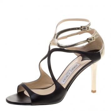 Pre Owned Jimmy Choo Black And Metallic Gold Leather Ivette Sandals Size 36
