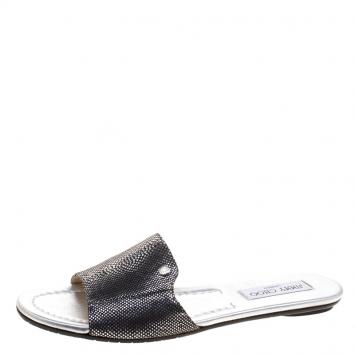 Pre Owned Jimmy Choo Metallic Black Snake Leather Nanda Slides Size 38.5