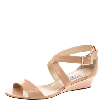 Pre Owned Jimmy Choo Beige Patent Leather Chiara Wedge Sandals Size 38
